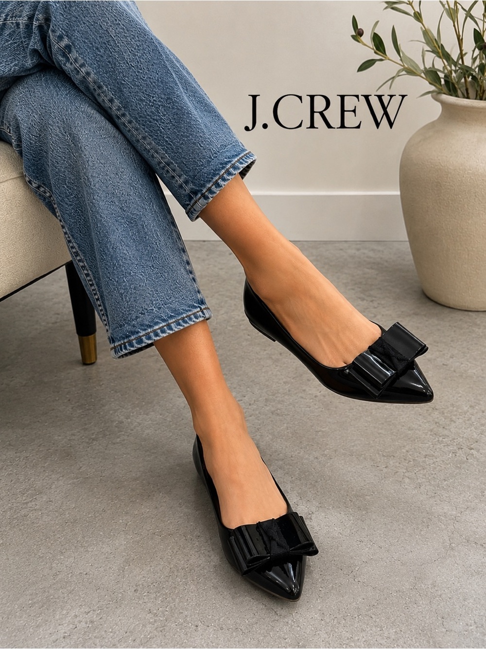 J.Crew Black Patent Bow Pointed Toe Flats – Size 6